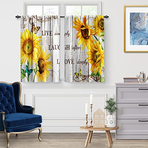 Jekeno Sunflower Floral Kitchen Curtains - Flowers Butterfly Short Curtains Old Rustic Wood Barn Door Farmhouse Decor for Home Dining Living Room Rod Pocket Window Drapes 2 Panels Set, 28"x36"