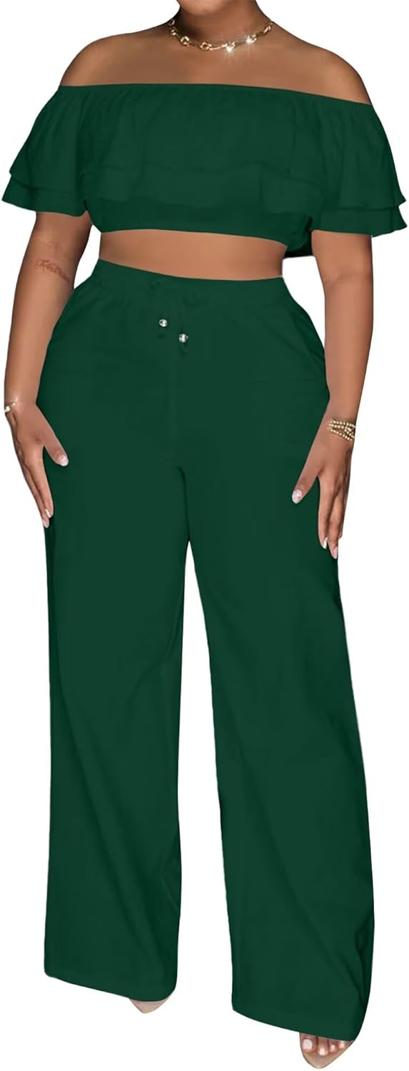 Adogirl 2 Piece Outfits For Women Off Shoulder Ruffle Trim Short Sleeve Top Wide Leg Pants Sets Sexy Outfits