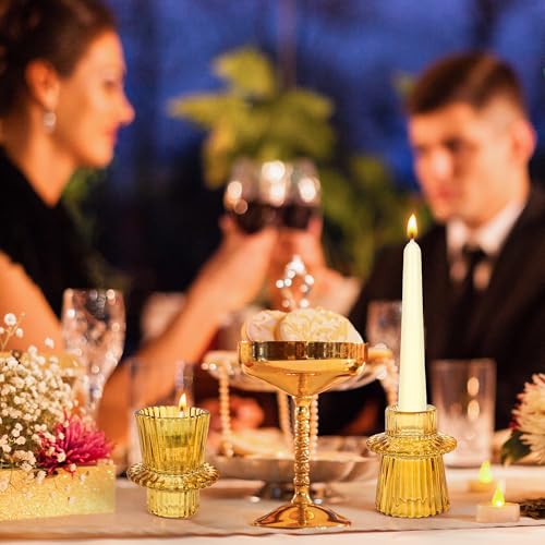 Taper Votive Candle Holder for Pillar Candles Tealight, Candlestick Holder for Wedding Christmas Tea Party, Boho Ribbed Vintage Crystal Glass Table Centerpiece Decor, Bulk Set of 6 (Amber) - Image 5