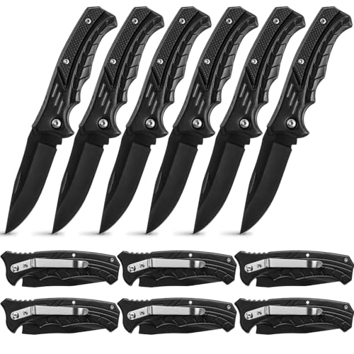 Lanties 6 Pack knife Bulk for Men Stainless Steel Blade Folding Knife Long Folding Knives for Personalized Fathers Day Groomsmen Camping Hiking (Black Classic)