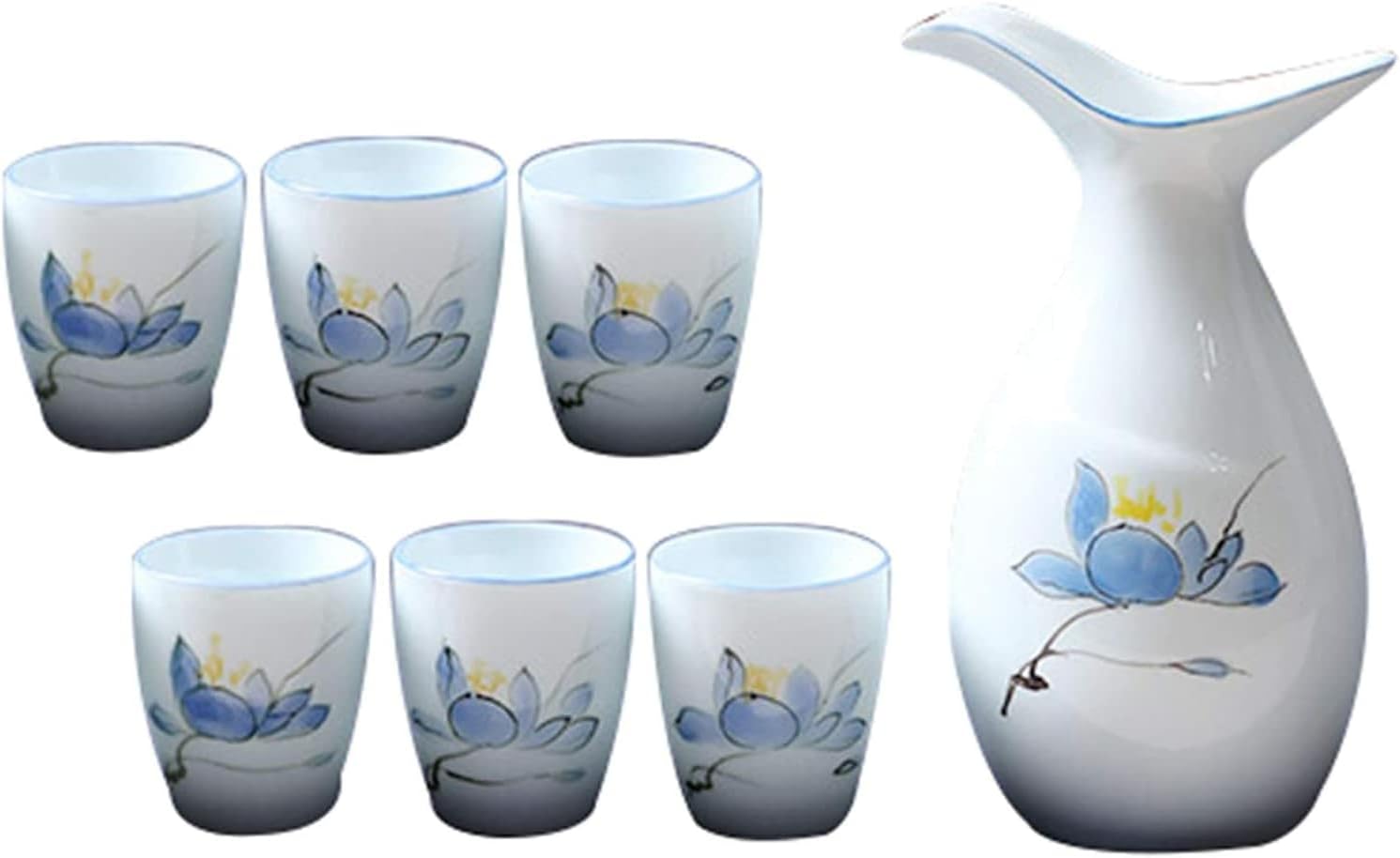 Japanese Sake Cup Set 7 Piece Traditional Ceramic Crafts Cups with 1 Sake Serving Bottle and 6 Sake Cups,D,C,A