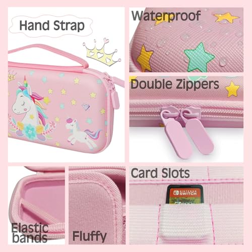 Image of Pink Unicorn Carrying Case Compatible with Nintendo Switch (Not OLED or Lite) with Dockable Protective Grip Case +Screen Protector +Unicorn Stickers, Hard Storage Case Accessories Kit Bundle for Girls
