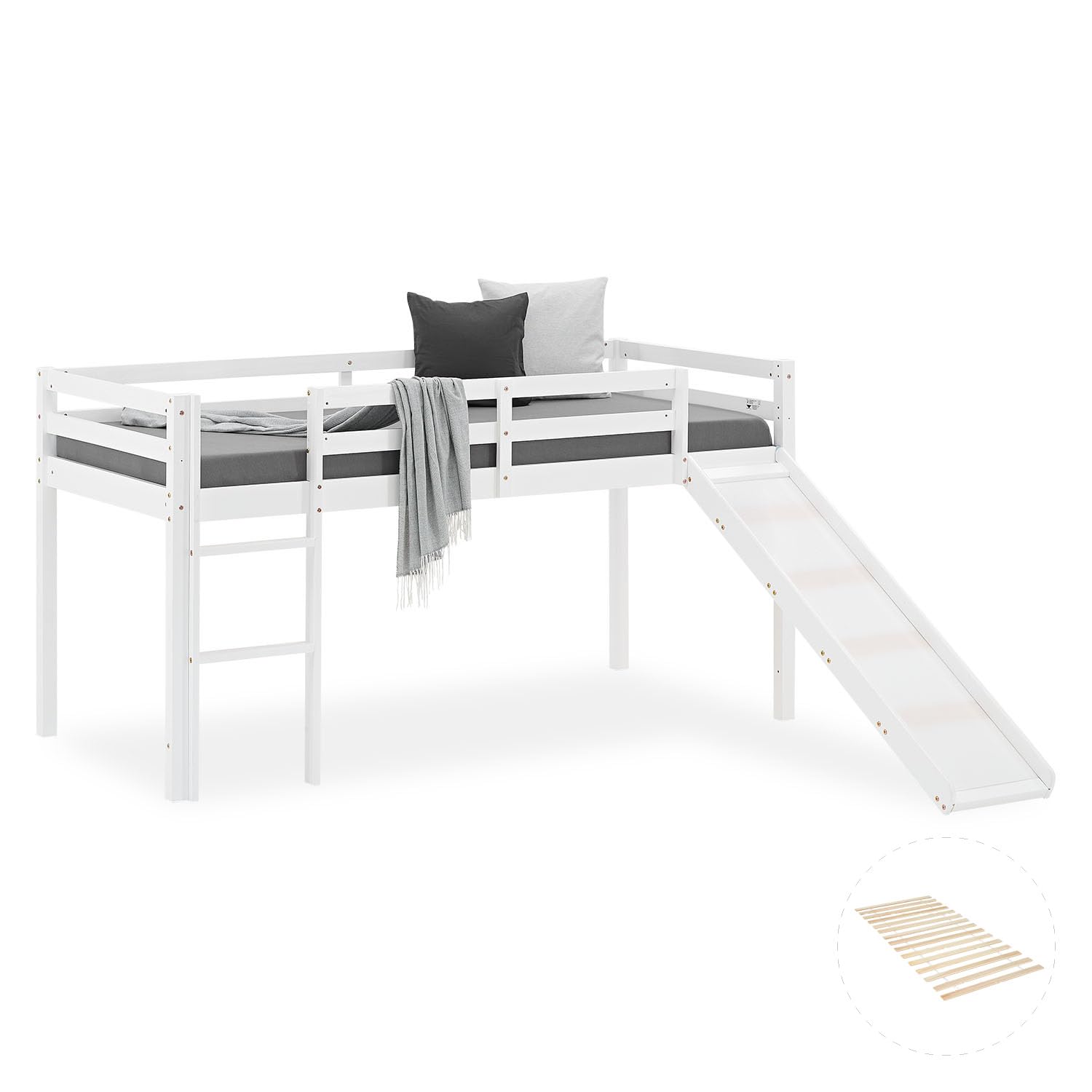Homestyle4u Kinder-Hochbett mit Rutsche 90x200 cm Weiß Massivholz Bett | Stabiles Etagenbett aus Kiefer Massiv mit Leiter und Lattenrost - Ideal zum Spielen und Schlafen im Kinderzimmer