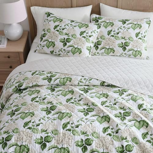 Image of Martha Stewart - King Quilt Set, 100% Soft Cotton Floral Bedding for Year Round Comfort, 3 Piece Bed Set with Matching Pillowcases (Hydrangea Floral Beige)