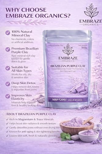 Image of Brazilian Purple Clay Powder for Face (100g) | Deep Pore Cleansing Face Pack | Skin Tightening, Oil Control & Natural Glow | Removes Impurities & Improves Texture