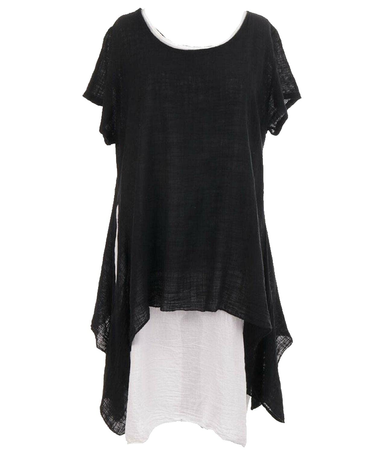 Womens Italian 2in1 Slit Two Layered Cotton Dress Short Sleeved Top Plus Sizes