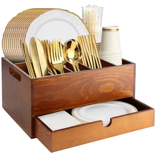 Image of Paper Plate Dispenser with Drawer, 6 Compartments Country Style Wood Kitchen Counter, Paper Plate Organizer for Countertop, Utensil Holder Caddy for Parties Dispenser, Silverware Holder for Party
