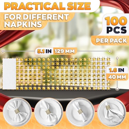 Image of Set of 100 Gold Napkin Rings - Rhinestone Napkin Ring Holders for Weddings, Parties, Fall Events & Table Decorations for Dinner Parties | Durable and Reusable, Great as Elegant Kitchen Gifts for Hosts