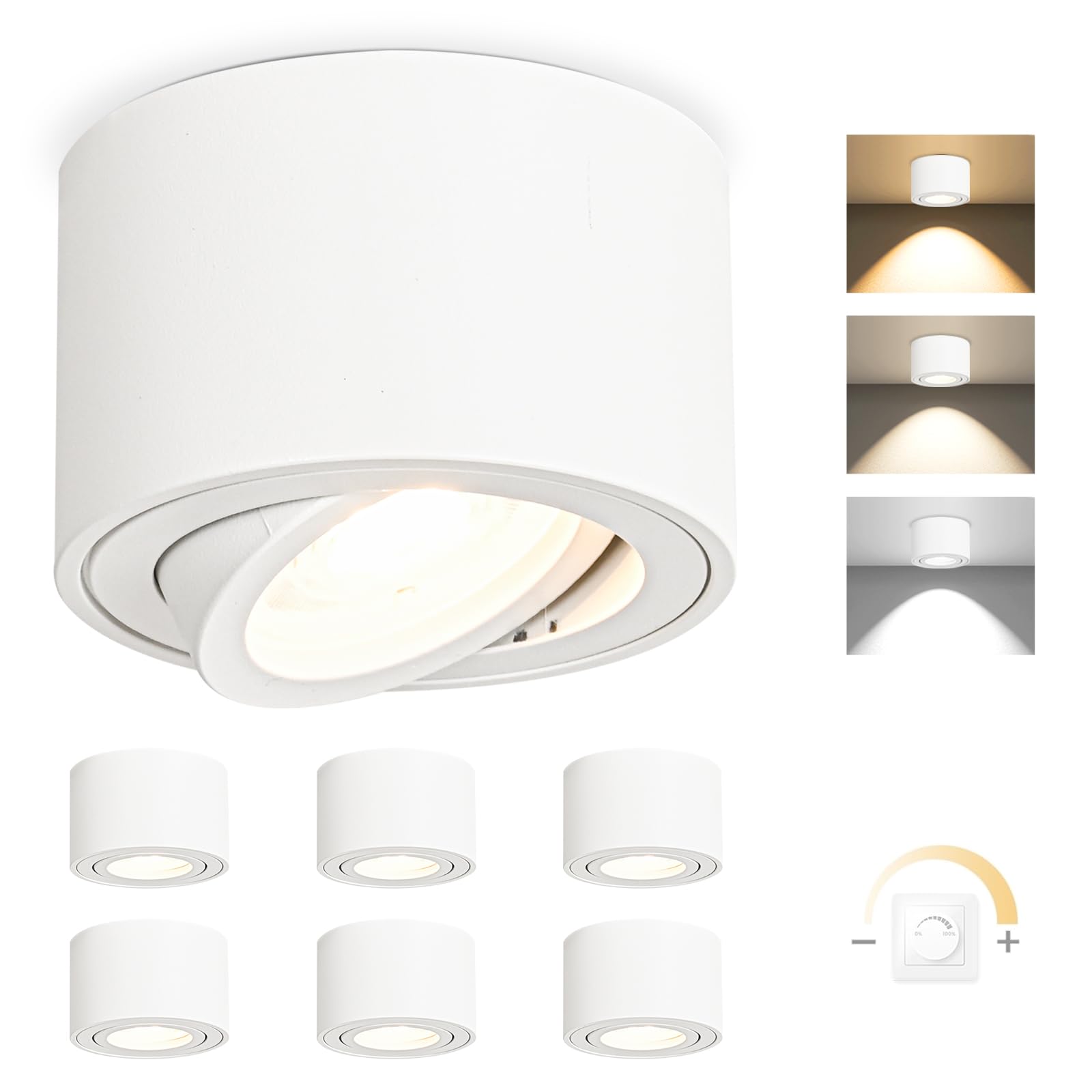 YindaLux 6x 3CCT Faretti LED Soffitto Orientabile - Ø80x50mm Extra Piatto & Inclinabile a 30° - 5W 500LM - Con modulo LED incluso - Alluminio - Dimmerabile Faretto LED Interno（Bianco）