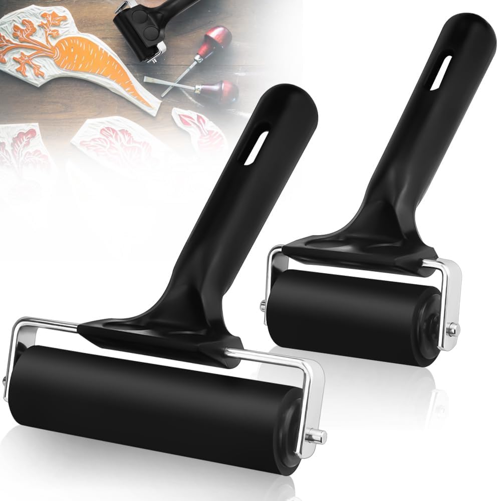 2 PCS Rubber Brayer Roller Glue Roller Soft Ink Printing Roller Paint and Ink Roller Tool Black Ink Applicator for Printmaking Stamping and Scrapbooks, Screen Print Making - 10cm & 6cm