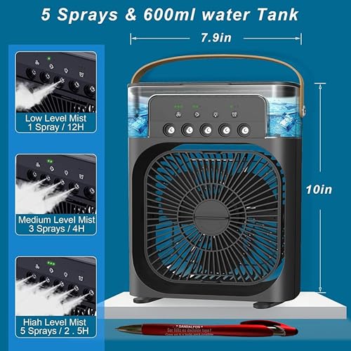 Miniatura 5 de Sandalfon Acondicionador Aire Luz 7 Colores Además Incluye Un Bolígrafo Personalizado Pantallas Táctiles Ventilador Refrigeración Humidificador 5 Pulverizadores Y 3 Velocid Usb Uso Hogar, Oficina O Do