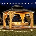 GarveeLife 10x12ft Double Roof Hardtop Gazebo, Heavy Duty Galvanised Steel Hardtop Pavilion with Nettings and Curtains, Wood Gazebo for Patio, Terrace, Lawn and Deck, Wood Grain