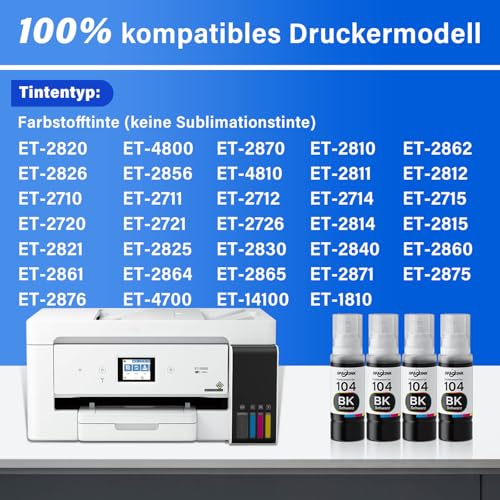 Tinte 104 Schwarz Multipack kompatibel für Epson 104 Tinte ET-2820 ET-4800 ET-2870 ET-2810 ET-2862 ET-2826 ET-2856 ET-4810 ET-2811 ET-2812 ET-2814 ET-2815 ET-2821 ET-2710 ET-2711Drucker 4-teiliges Set