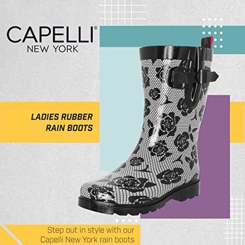 Capelli New York Ladies Mid-Calf Rubber Rain Boots, Lace and Roses Printed Rain Boots With Buckle, Gusset & Back Pull Loop, Black Combo, Size 9
