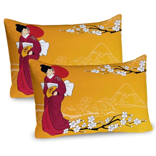 Ambesonne Cherry Blossom Pillow Sham Set of 2, Geisha Woman and Sakura Trees in The Foothills of Hill, Quality Microfiber Bedding Item for All Seasons, 36