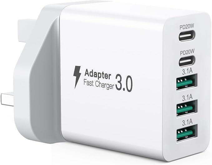 USB C Plug, 50W 5-Port Fast Wall Charger, PD20W Type-C Charging Block 3.1A Charge, PD+QC Hub Multiple USB A+C for iPhone 16/15/14/13/12/iPad/Samsung Galaxy S24/S23/S22/Tablet