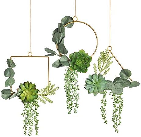 Pauwer Succulent Wedding Wreath Set of 3 Artificial Succulent Plants with Eucalyptus Leaves Metal Floral Hoop Wreath Garland for Wedding Backdrop Nursery Wall Decoration