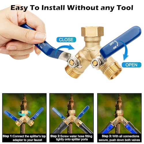 Image of SheeChung RV Hose Splitter 2 Way Heavy Duty, Garden Hose Splitter with Stainless Steel Long Handle, Brass Outdoor Faucet Y Valve Splitter, Full Flow Splitter for 3 /4 inch GHT Threads Hose Connector, Blue