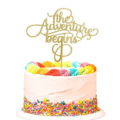 The Adventure Begins Cake Topper, Going Away Travel Themed Wedding Party Decorations, 2022 Graduation Party Decor, Retirement Party Cake Toppers, Gold Glitter