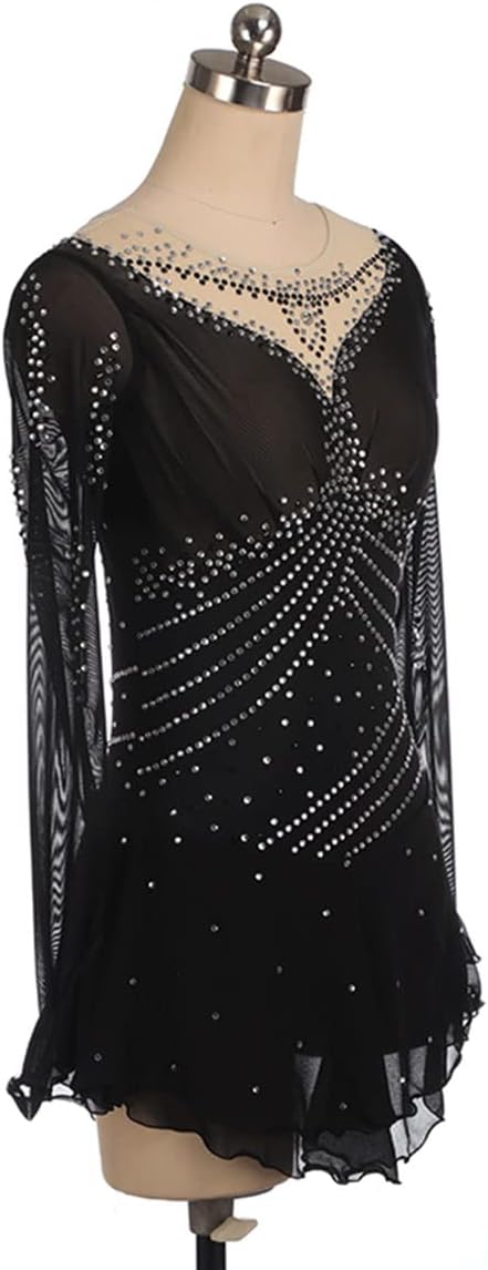 YDHTIZ Vestito da pattinaggio artistico semplice generoso pattinaggio artistico vestito da donna per bambini ragazze a maniche lunghe magliette balletto danza diamante scintillante tutù abito 3XS Nero