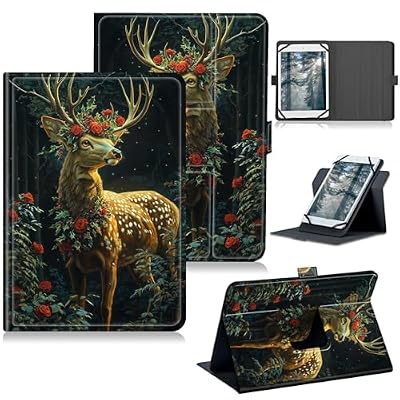 RWUTYTIUL Universal Tablet Case for Xiaomi Pad 7/7 Pro 11.2 Inch, 360 Degree Rotating Kickstand Protective Stand PU Leather Shell Cover for 10.5"-11.5", Rose Forest Deer