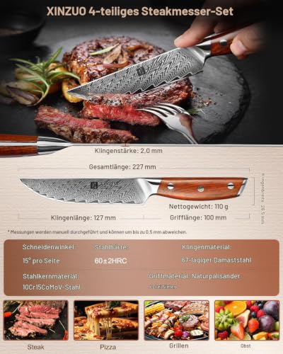 Foto von XINZUO Damaststahl 4-teilig Steakmesser Set,12.7cm Premium Besteckmesser Set Scharfe Steakbesteck Küchenmesser, Tafelmesser für Heim und Restaurant, mit Geschenkbox-Roseholz Griff-Yi Serie
