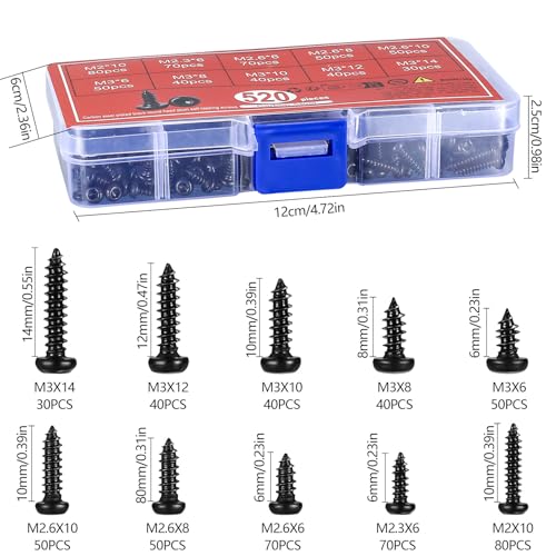 520 Pcs Mini Self Tapping Screws (M2-M3 Micro Size), black - Image 2