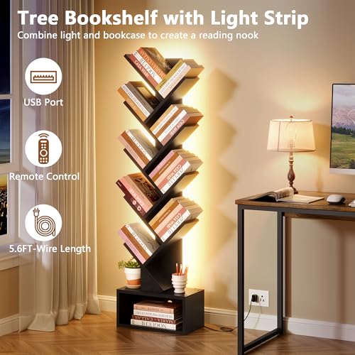 Image of Hoctieon 9 Tier Tree Bookshelf, Tall Bookcase, Freestanding Book Shelf with LED Lights, Display Floor Standing Storage Shelf, Book Organizer Shelves for Home Office, Living Room, Black