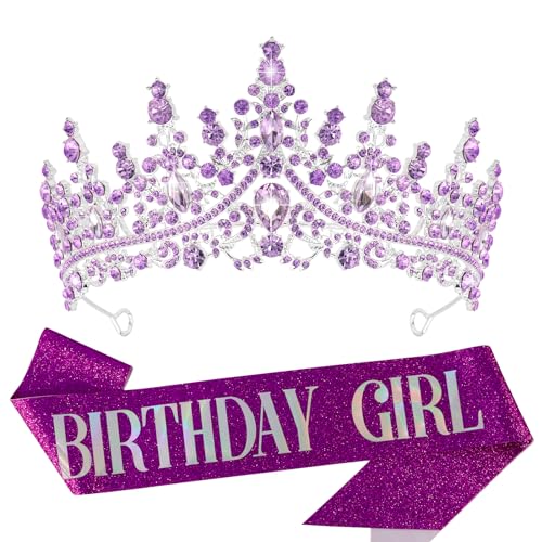 VELSCRUN Birthday Tiara Crowns for Women Girls Purple Crystal Birthday Girl Headband Sash Elegant Princess Crown Happy Birth Party Decorations Women Sisters Birth Gift Hair Accessories