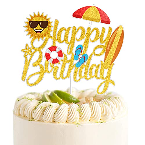 Summer Beach Happy Birthday Cake Topper Gold Glitter Summer Pool Swimming Surfing Party Decoration Summer Holiday Birthday Party Favor Supplies #TOP16