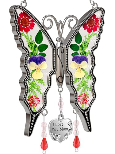 KY&BOSAM Gifts for Mom Butterfly Suncatcher I Love You Mom Stained Glass Sun Catcher Hanging for Window Wind Chime Pressed Dried Flowers Engraved and Metal Charm Mothers Day Valentine's Birthday Decor