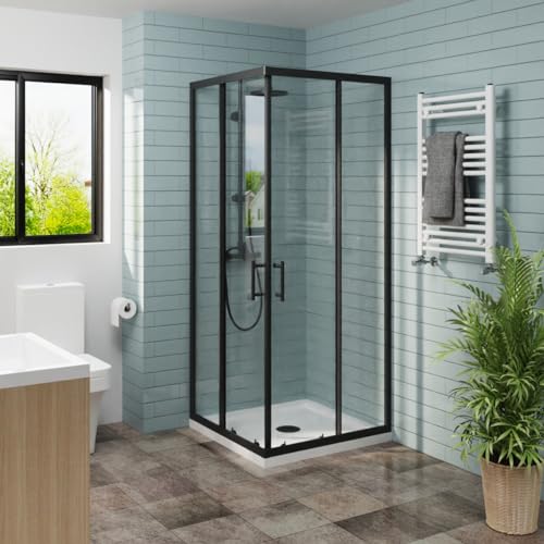 NRG 760 x 760mm Square Black Sliding Doors Corner Entry Shower Enclosure 6mm Easy Clean Glass