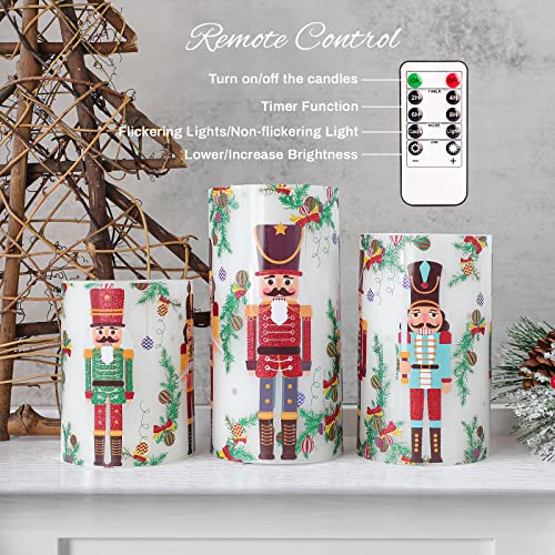 Image of Nutcracker Christmas Flameless Candles Battery Operated Flickering LED Candles with Remote Timer, Real Wax Pillar Candles for Holiday Party Home Decoration Christmas Gifts, Set of 3