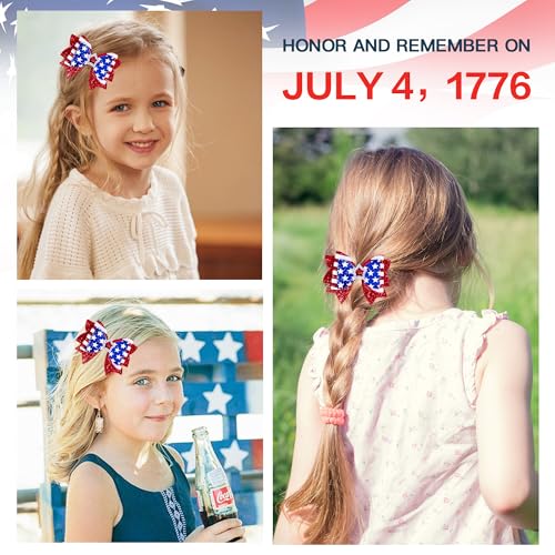 4th of July Patriotic Hair Bow Clips, Red White Blue Hair Bows Independence Day Amercan Flag Metal Alligator Clips Sparkly Fourth of July Memorial Hair Accessories for Women Girls — view 5