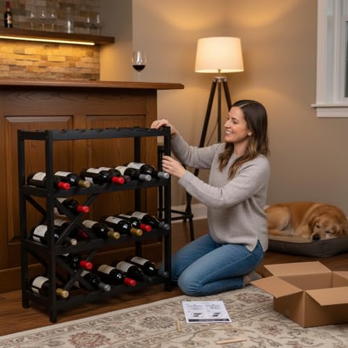 Image of NutriChef 72 Bottle Wine Rack Stackable Bamboo Freestanding, 8-Tier Modular Shelf, Sturdy Wobble Free, Upgraded 2026 Design, Easy No-Tool Assembly for Kitchen, Cellar or Bar 33.5 inch x 10 inch x 41 inch (Black)