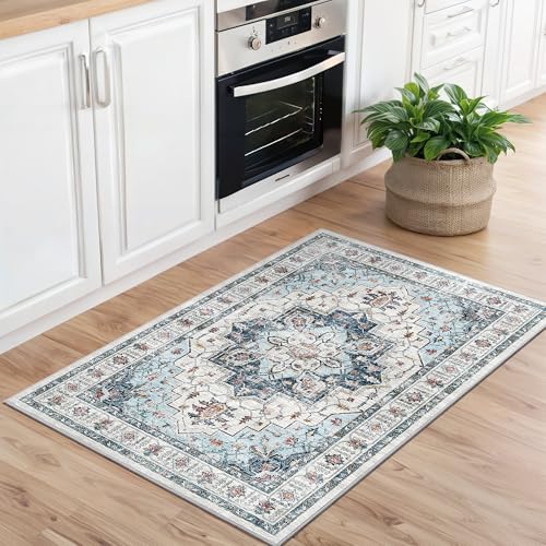 Madane Washable Area Rug 2x3, Small Entryway Rug Non-Slip Vintage Door Mat Indoor Entrance, Low Pile Floor Carpet for Inside Front Door Bedroom Kitchen Entry Laundry (2'x3', Blue)