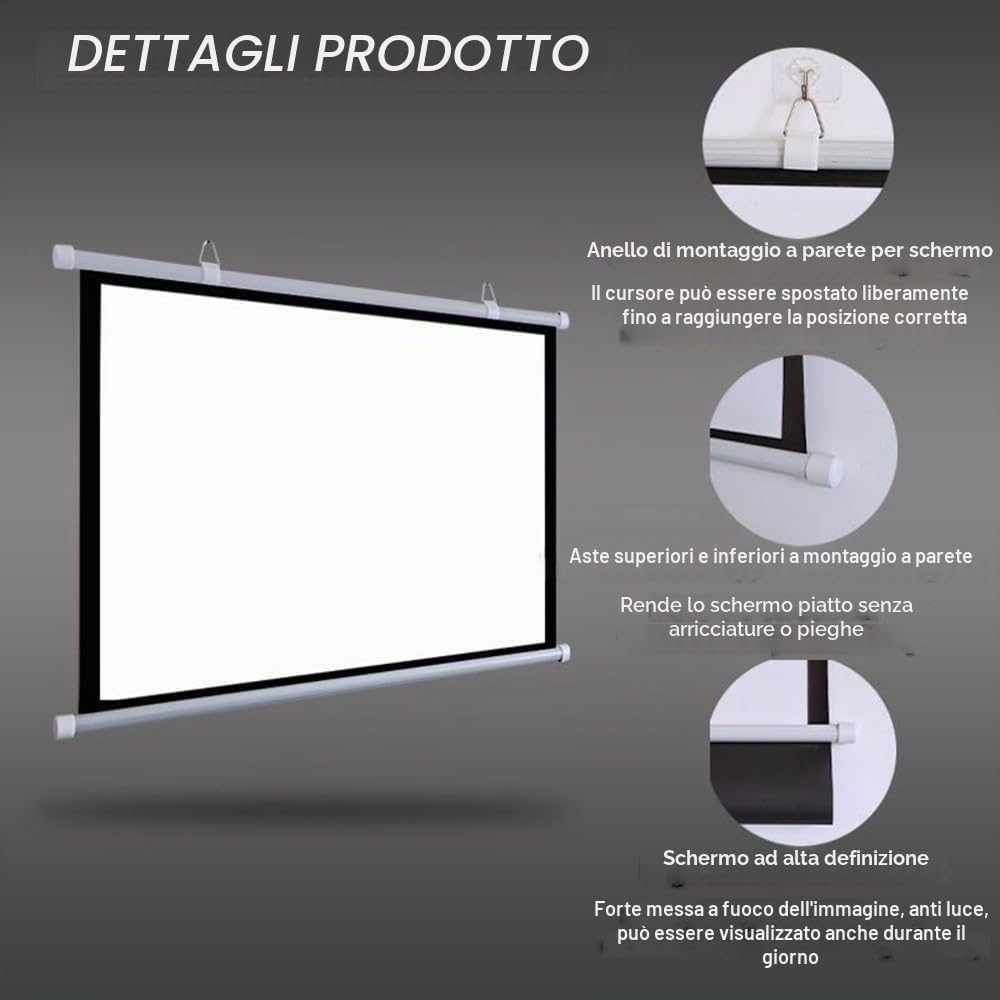 Schermo per Proiettore Avvolgibile Manuale da 40 50 60 72 Pollici 4K HD Schermo di Proiezione per Home Theater Interni Esterni Telo Proiettore, Facile da Arrotolare(72 inch (16:9))