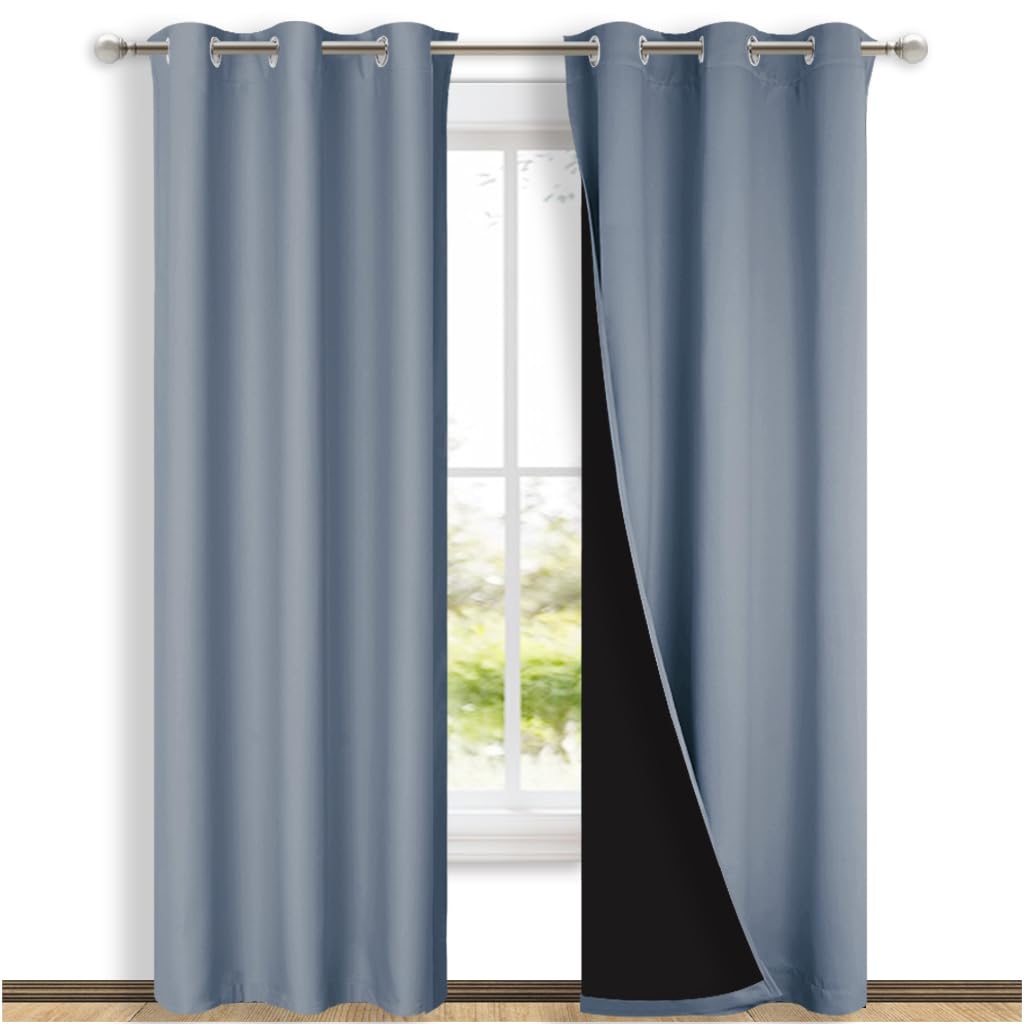 NICETOWN Blackout Curtains 84 inches Long, 2 Pieces, 42" Wide Each Panel, Vintage Blue, Full Light Blocking Drapes with Black Liner for Nursery, Thermal Insulated Draperies for Hall, Villa
