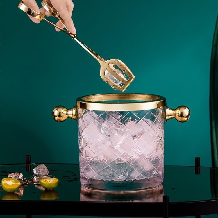 Cubo de hielo térmico de vidrio, enfriador de champán con pinzas de acero inoxidable, bandeja de almacenamiento creativo de lujo para cubitos de hielo, accesorios esenciales de bar