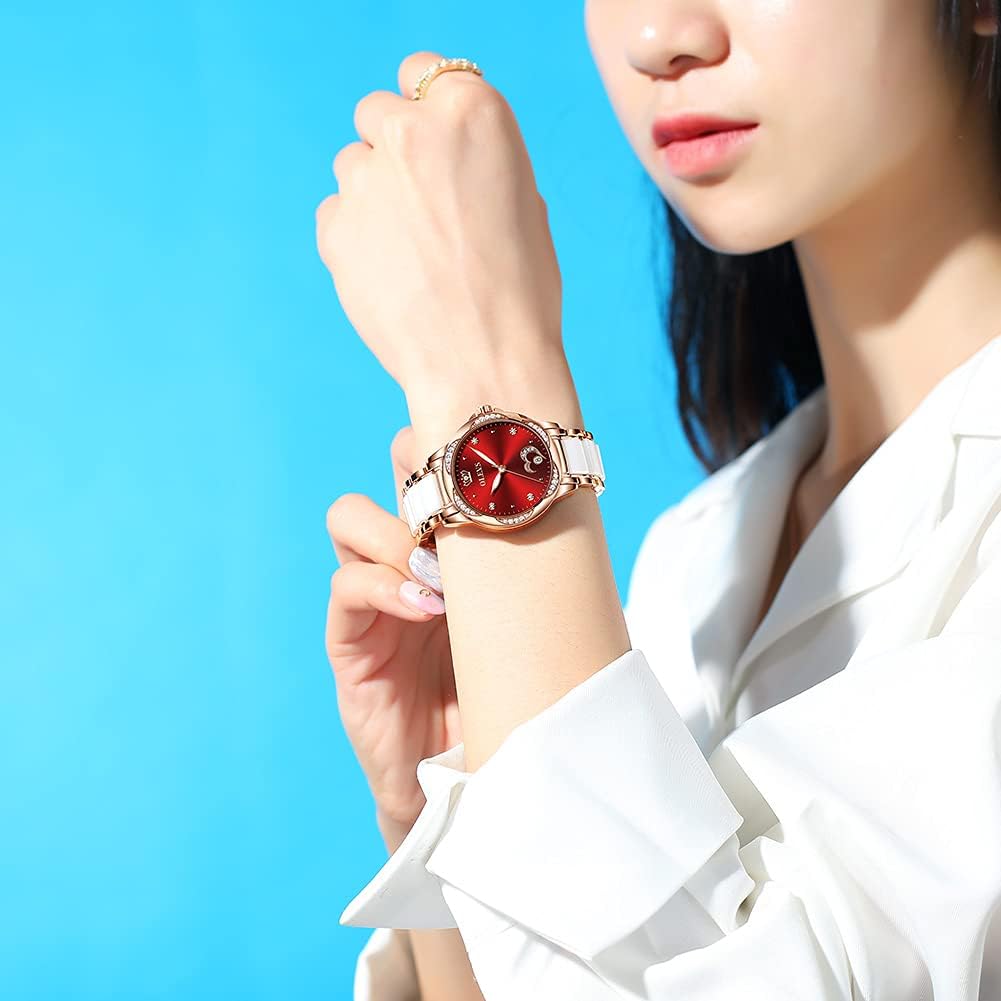 OLEVS Watch Women Red Watches for Women Rose Gold Ladies Automatic Watch Red Face Mechanical Womens Watches with Date Self Winding Elegant Waterproof Ceramic Dress Women's Wristwatch with Heart Reloj de Mujer - Image 7