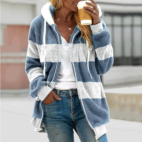 Fuzzy Fleece Jackets for Women Plus Size Hoodies Fall Winter Coats Color Block Patchwork Cardigan Coat with Pockets