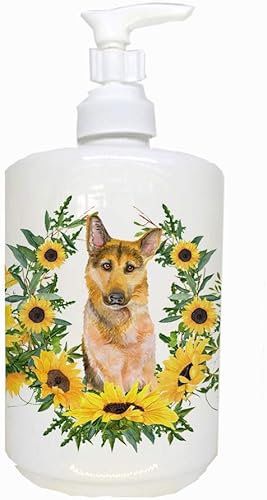 Caroline's Treasures CK2903SOAP Pastor alemán #2 en girasoles dispensador de jabón de cerámica dispensador de jabón de manos botellas para baño