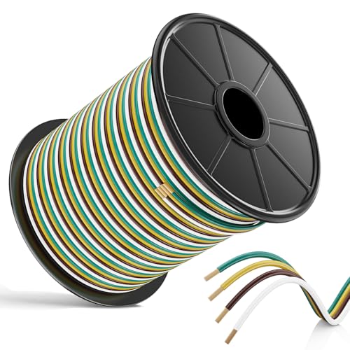 14 Gauge Trailer Wiring Harness Kit 100FT Trailer Wire 4-Way Trailer Tow Harness Bonded Spool Colour-Coded Trailer Wiring Kit Waterproof Boat Trailer Wiring for Lights (Green Yellow Brown White)