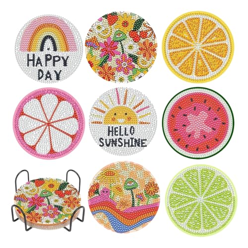 CZXCV 8 Stück Runde Diamond Painting Untersetzer, rutschfest Fruchte Untersetzer mit Halterung 5D DIY Diamant Tassenuntersetzer für Erwachsene, Kinder und Anfänger, Wohnkultur, Autobecher