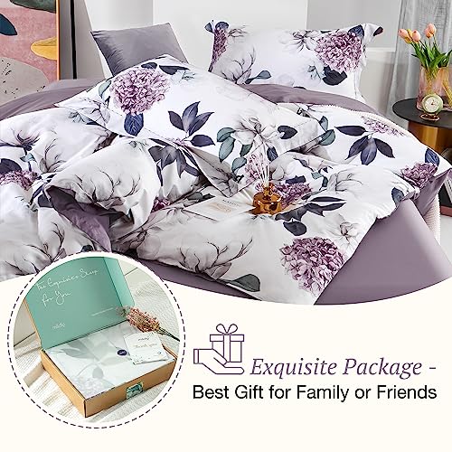 MILDLY 100% Long-Staple Cotton Duvet Cover Set Purple Hydrangea Lotus Flower Pattern Printed Comforter Cover 3pcs, Ultra Soft & Breathable Bedding Set