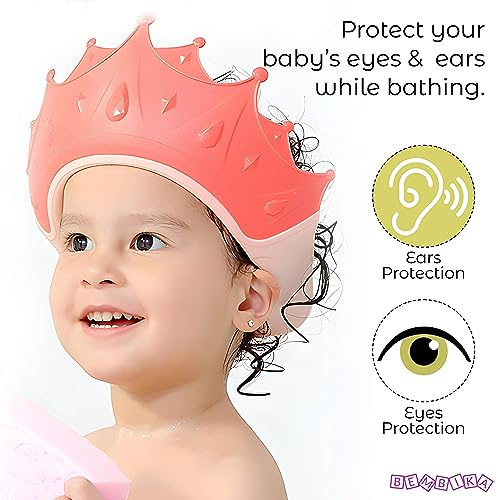 Image of Bembika Baby Shower Cap for Washing Hair, Soft Bathing Baby Shower Cap for Eye Protection and Hair Wash Adjustable Reusable, Waterproof, and Comfortable for Babies � (Crown Coral)