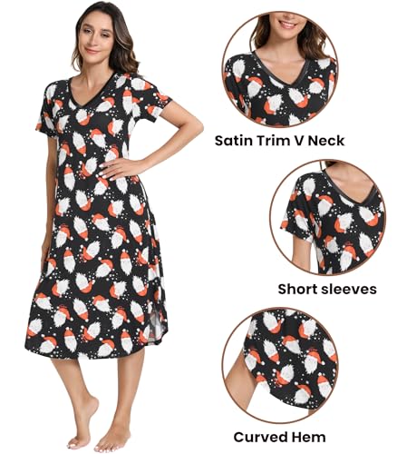 Image of NACHILA Nightgowns for Women-Viscose Made from Bamboo, V Neck Sleepshirts Short Sleeve Sleepwear Cool Nightshirt