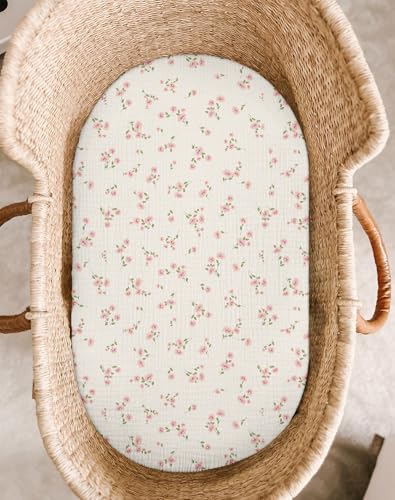 Image of Bassinet Sheet for Baby Boy and Girl 2 Pack, Fitted Sheets for Rectangle, Oval, Hourglass Bassinet Mattress, Muslin Moses Basket Sheets with Neutral Style (Rosy)