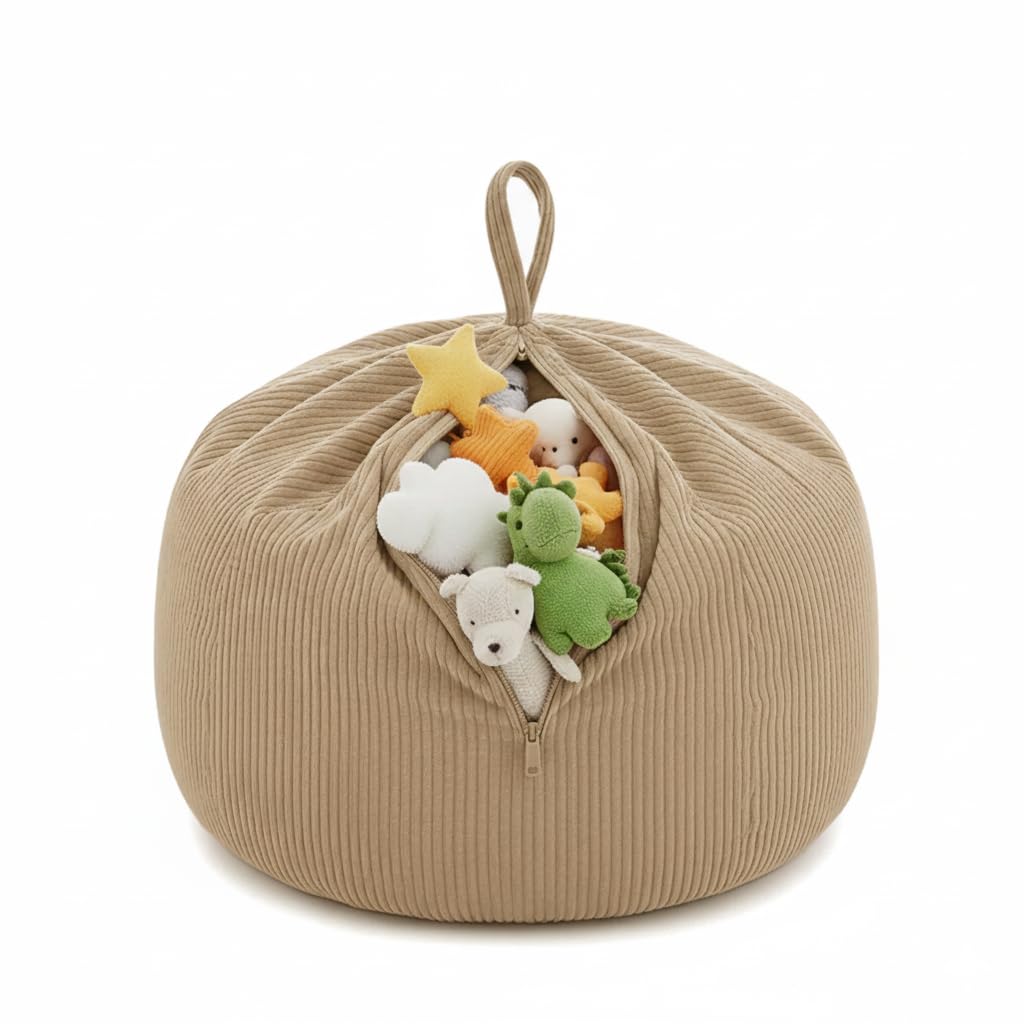 Gutekissen® Kinder Sitzsack-Bezug für Stofftiere 85×85×50 cm - Spielzeug Aufbewahrung für Kinderzimmer - Kuscheltier-Organizer für Plüschtiere & Decken - Oeko-Tex Stoff, Reißverschluss (Braun)