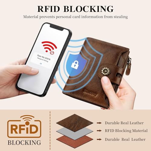 Image of Wallet Women,RFID Blocking Womens Wallet,Real Leather Bifold Compact Small Wallet for Women Card Holder with Zip Coin Pocket(Darkcoffee)